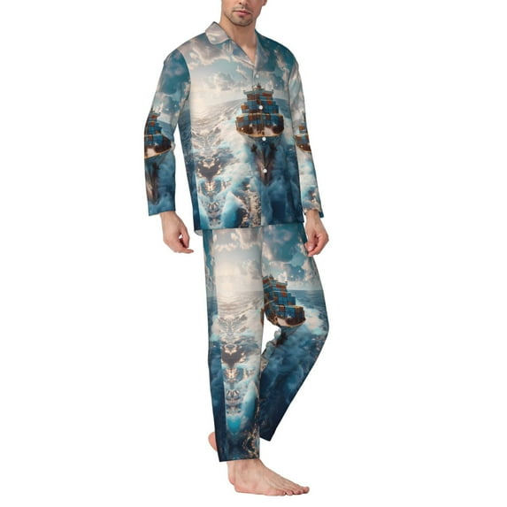 Mens Pajamas Set - Cargo Ship At Sea Comfy Long Sleeve Button Up Pajama ...