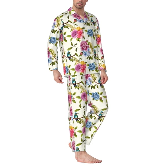Mens Pajamas Set - Carnation Hummingbird Pattern Comfy Long Sleeve Button Up Pajama Sets for Men 2 Piece, Soft Sleepwear Nightwear Pjs Lounge Sets for Men with Pockets