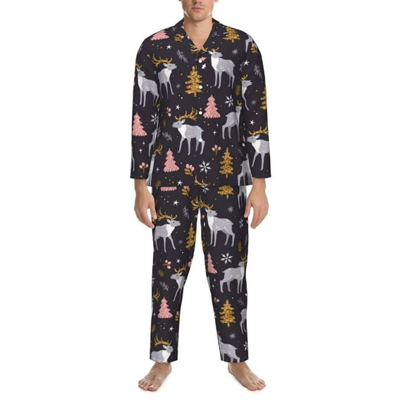 Mens Pajamas Set, Cartoon Cute Elk Deer Christmas Button Down Long Sleeve Loungewear Sleepwear Pjs sets for Men