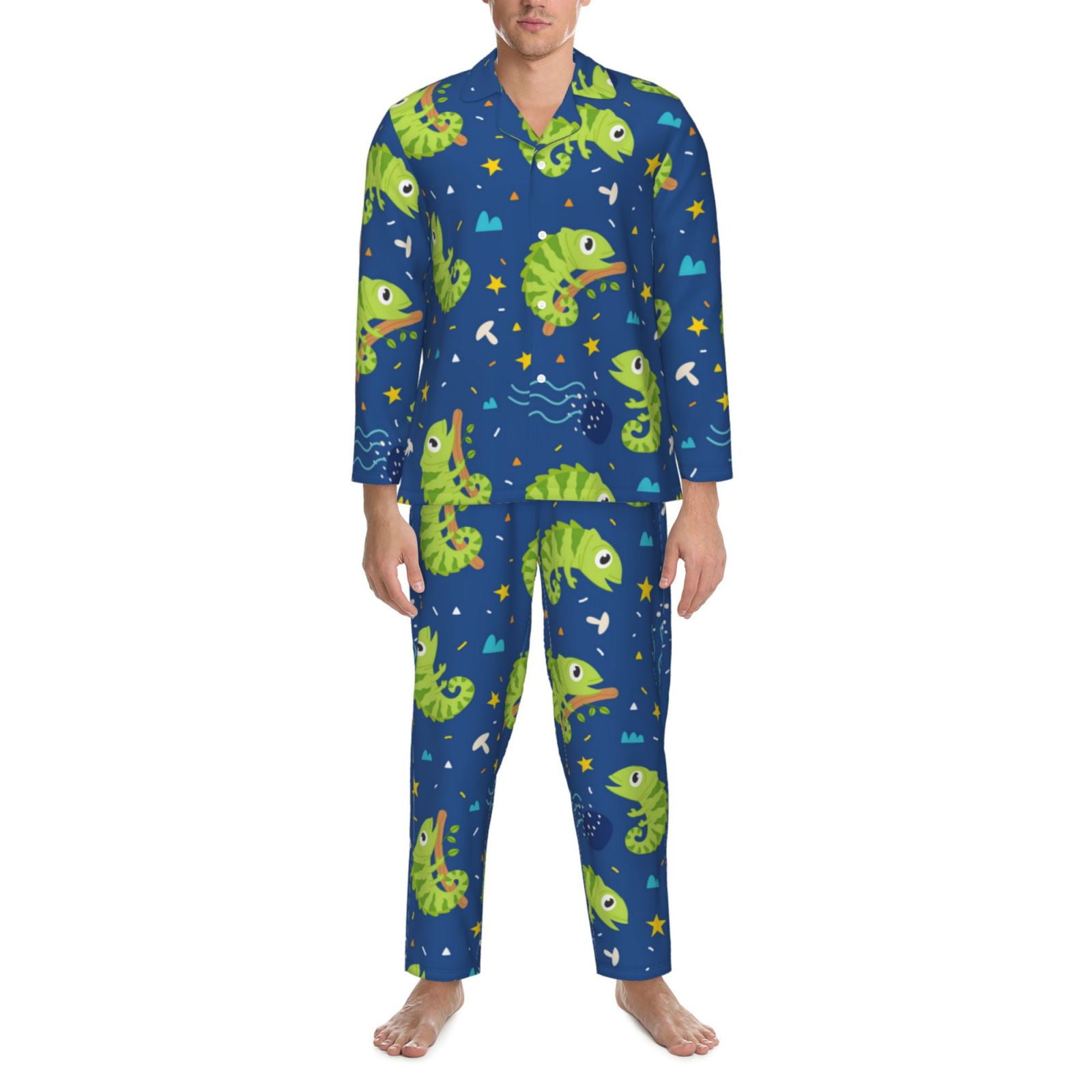 Mens Pajamas Set Cartoon Funny Chameleon Lizard Soft Long Sleeve
