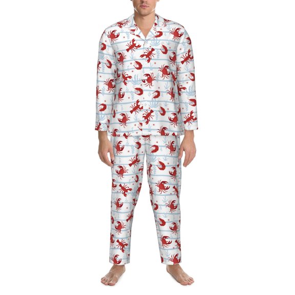 Mens Pajamas Set - Cartoon Lobsters Comfy Long Sleeve Button Up Pajama Sets for Men 2 Piece, Soft Sleepwear Nightwear Pjs Lounge Sets for Men with Pockets