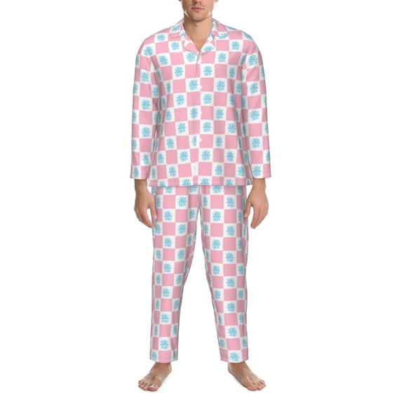 Mens Pajamas Set - Checkerboard With Snowflake Comfy Long Sleeve Button Up Pajama Sets for Men 2 Piece, Soft Sleepwear Nightwear Pjs Lounge Sets for Men with Pockets