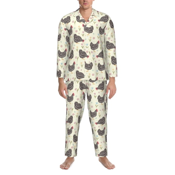 Mens Pajamas Set - Chickens And Flowers Comfy Long Sleeve Button Up Pajama Sets for Men 2 Piece, Soft Sleepwear Nightwear Pjs Lounge Sets for Men with Pockets
