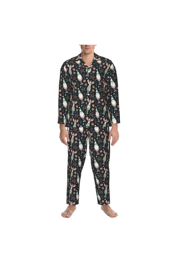 Mens Pajamas Set - Christmas Cute Deer Old Man Comfy Long Sleeve Button Up Pajama Sets for Men 2 Piece, Soft Sleepwear Nightwear Pjs Lounge Sets for Men with Pockets