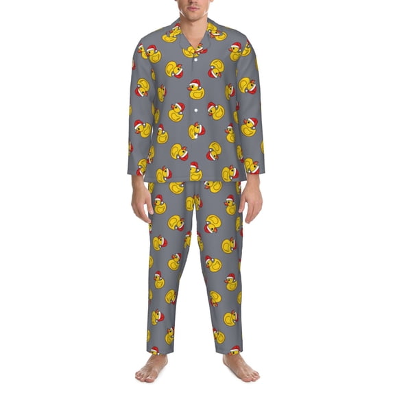 Mens Pajamas Set - Christmas Hat Duck Comfy Long Sleeve Button Up Pajama Sets for Men 2 Piece, Soft Sleepwear Nightwear Pjs Lounge Sets for Men with Pockets