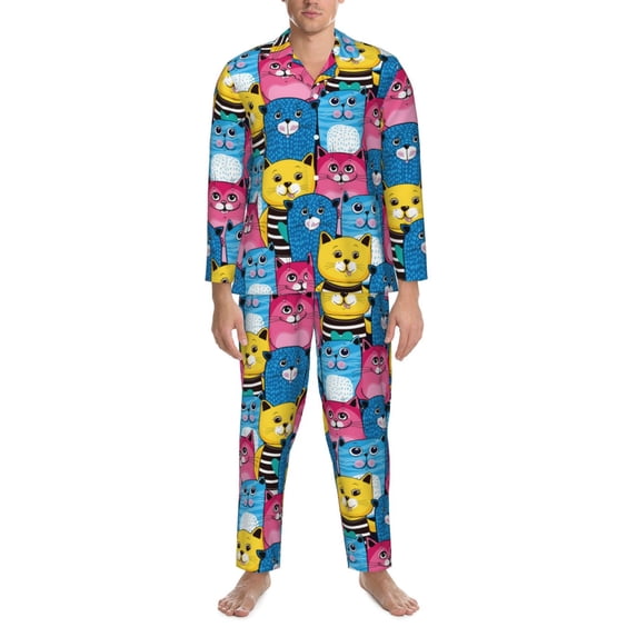 Mens Pajamas Set, Classic Colorful Cute Cartoon Cat Button Down Long Sleeve Loungewear Sleepwear Pjs sets for Men