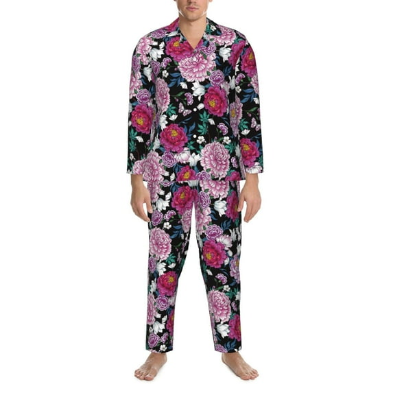 Mens Pajamas Set, Colorful Carnations Flowers A Button Down Long Sleeve Loungewear Sleepwear Pjs sets for Men