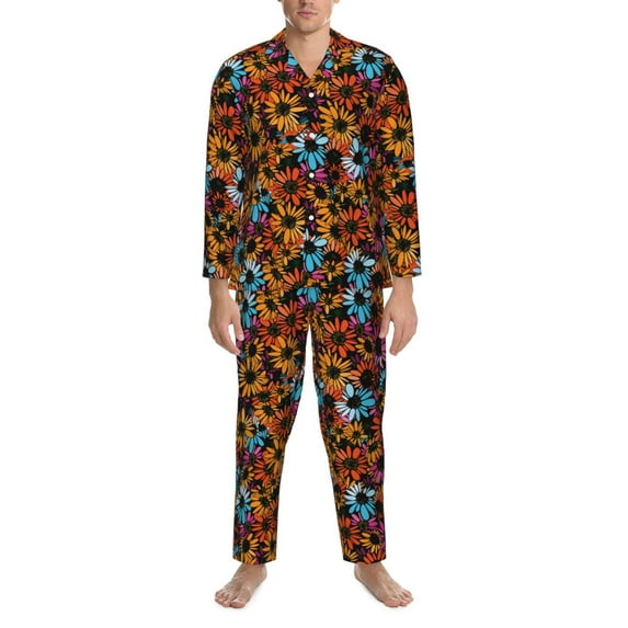 Mens Pajamas Set, Colorful Daisies Flowers A Button Down Long Sleeve Loungewear Sleepwear Pjs sets for Men