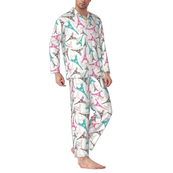 Mens Pajamas Set - Colorful Eiffel Tower Comfy Long Sleeve Button Up Pajama Sets for Men 2 Piece, Soft Sleepwear Nightwear Pjs Lounge Sets for Men with Pockets