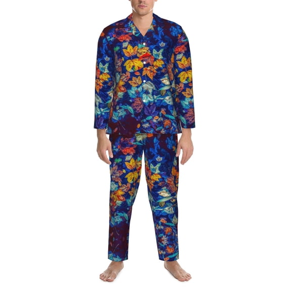 Mens Pajamas Set - Colorful Fall Leaves Comfy Long Sleeve Button Up Pajama Sets for Men 2 Piece, Soft Sleepwear Nightwear Pjs Lounge Sets for Men with Pockets
