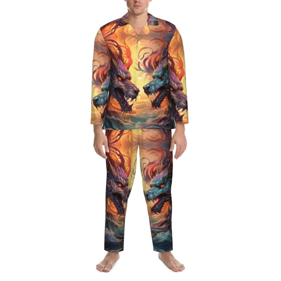 Mens Pajamas Set - Colorful Wave Dragon Head Comfy Long Sleeve Button Up Pajama Sets for Men 2 Piece, Soft Sleepwear Nightwear Pjs Lounge Sets for Men with Pockets