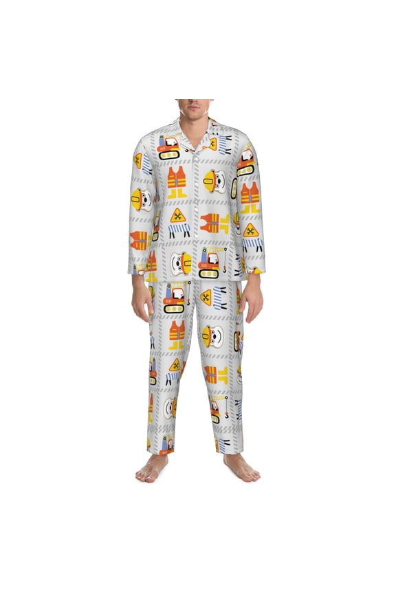 Mens Pajamas Set - Construction Equipments Worker Comfy Long Sleeve Button Up Pajama Sets for Men 2 Piece, Soft Sleepwear Nightwear Pjs Lounge Sets for Men with Pockets