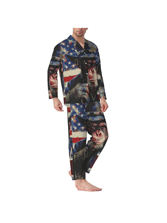Mens Pajamas Set - Cool Chimp With Drink Comfy Long Sleeve Button Up Pajama Sets for Men 2 Piece, Soft Sleepwear Nightwear Pjs Lounge Sets for Men with Pockets