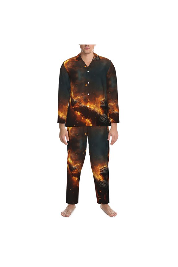 Mens Pajamas Set - Cool Fire Man Comfy Long Sleeve Button Up Pajama Sets for Men 2 Piece, Soft Sleepwear Nightwear Pjs Lounge Sets for Men with Pockets