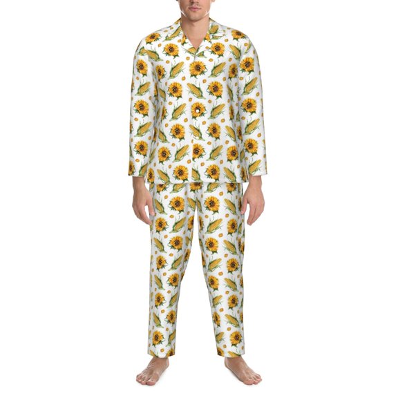 Mens Pajamas Set - Corn Sunflowers Comfy Long Sleeve Button Up Pajama Sets for Men 2 Piece, Soft Sleepwear Nightwear Pjs Lounge Sets for Men with Pockets