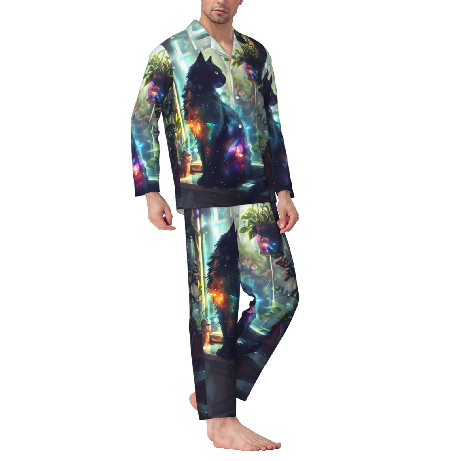 Mens Pajamas Set - Cosmic Cat In Window Soft Comfy Long Sleeve Button ...