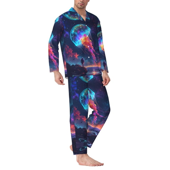 Mens Pajamas Set - Cosmic Jellyfish Encounter Comfy Long Sleeve Button Up Pajama Sets for Men 2 Piece, Soft Sleepwear Nightwear Pjs Lounge Sets for Men with Pockets