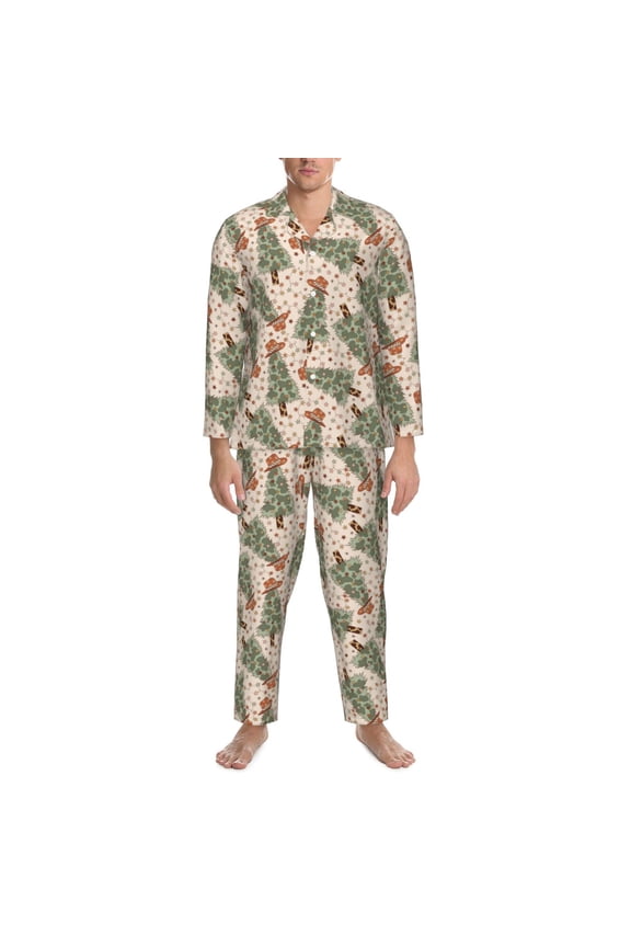 Mens Pajamas Set - Cowboy Christmas Trees Comfy Long Sleeve Button Up Pajama Sets for Men 2 Piece, Soft Sleepwear Nightwear Pjs Lounge Sets for Men with Pockets