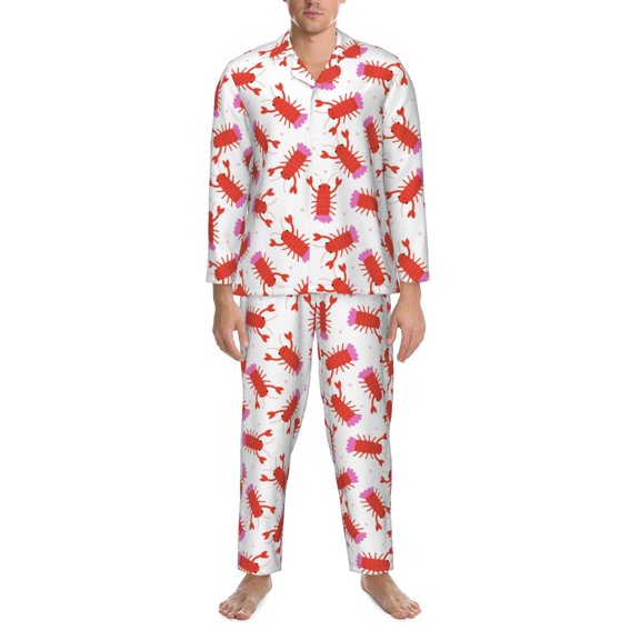 Mens Pajamas Set - Crayfish And Hearts Comfy Long Sleeve Button Up Pajama Sets for Men 2 Piece, Soft Sleepwear Nightwear Pjs Lounge Sets for Men with Pockets