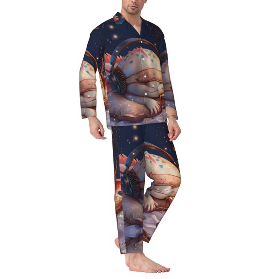 Mens Pajamas Set - Cute Axolotl Sleep Stars Comfy Long Sleeve Button Up Pajama Sets for Men 2 Piece, Soft Sleepwear Nightwear Pjs Lounge Sets for Men with Pockets