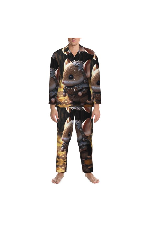Mens Pajamas Set - Cute Big-Eared Mouse Comfy Long Sleeve Button Up Pajama Sets for Men 2 Piece, Soft Sleepwear Nightwear Pjs Lounge Sets for Men with Pockets