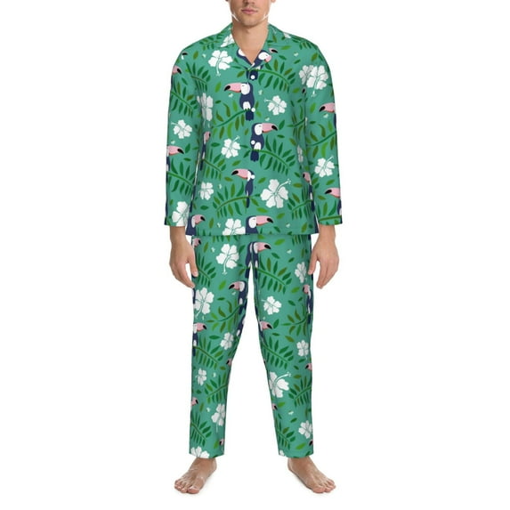 Mens Pajamas Set, Cute Cartoon Toucan Flowers Button Down Long Sleeve Loungewear Sleepwear Pjs sets for Men