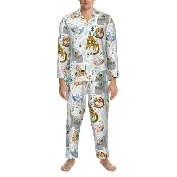 Mens Pajamas Set, Cute Colorful Animal Button Down Long Sleeve Loungewear Sleepwear Pjs sets for Men
