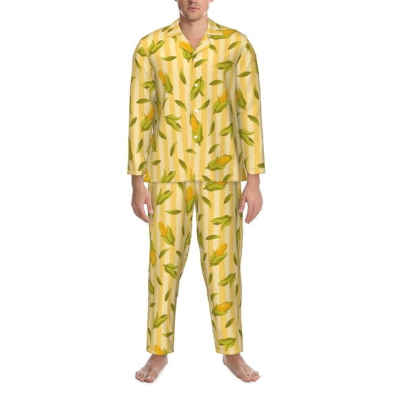 Mens Pajamas Set, Cute Corn Yellow Stripe Button Down Long Sleeve Loungewear Sleepwear Pjs sets for Men