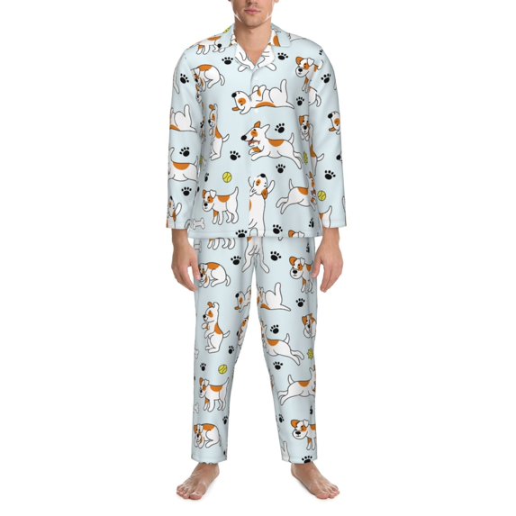 Mens Pajamas Set, Cute Dog Puppy ball Button Down Long Sleeve Loungewear Sleepwear Pjs sets for Men