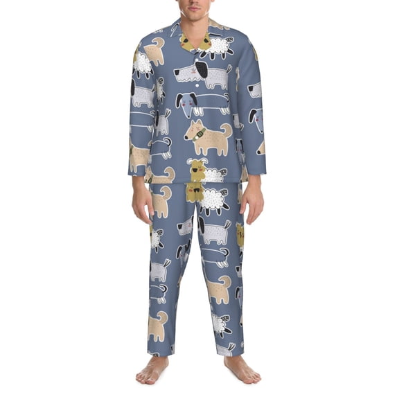 Mens Pajamas Set, Cute Dog sleep Puppy Button Down Long Sleeve Loungewear Sleepwear Pjs sets for Men