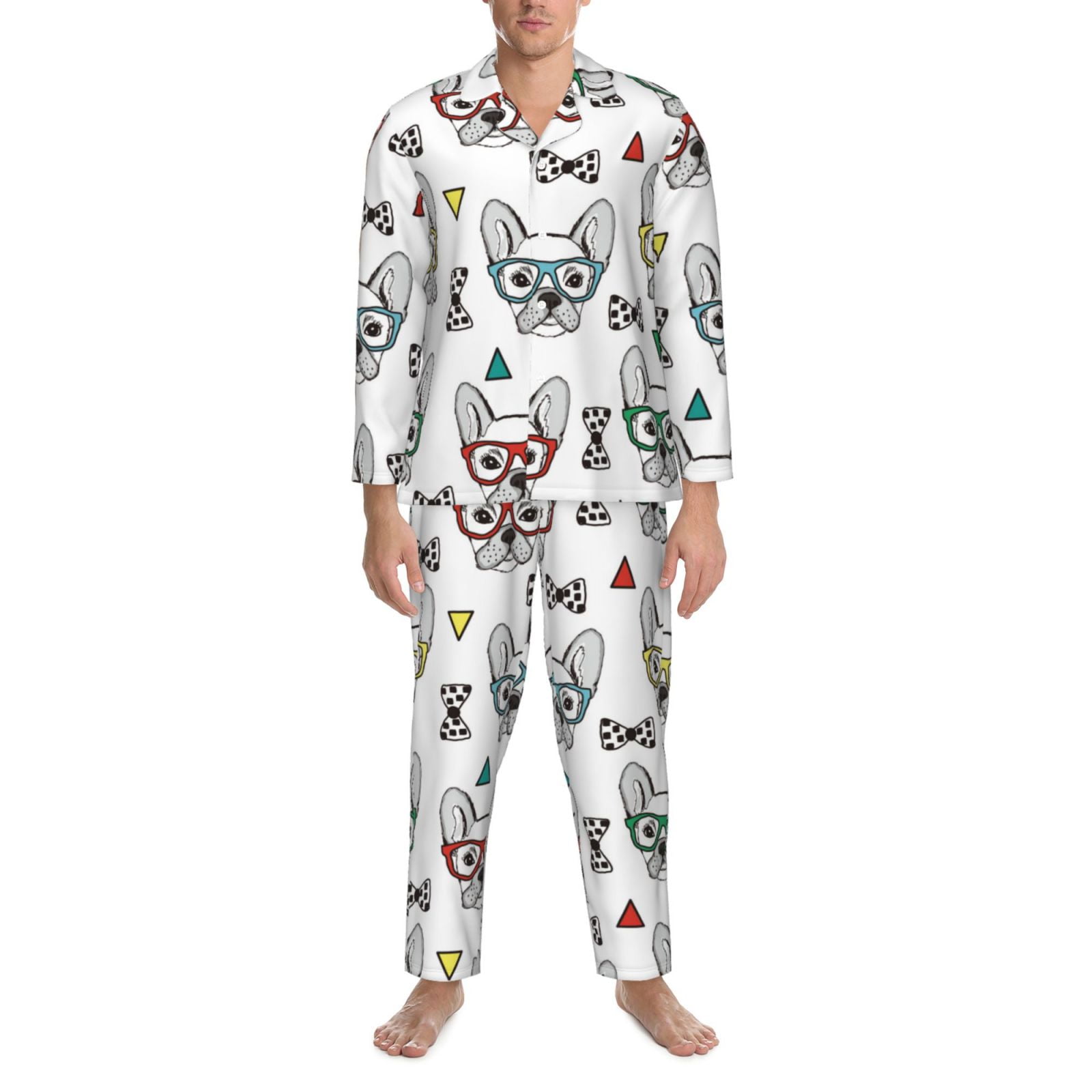Mens Pajamas Set, Cute French Bulldog G Soft ButtonDown Pajamas for