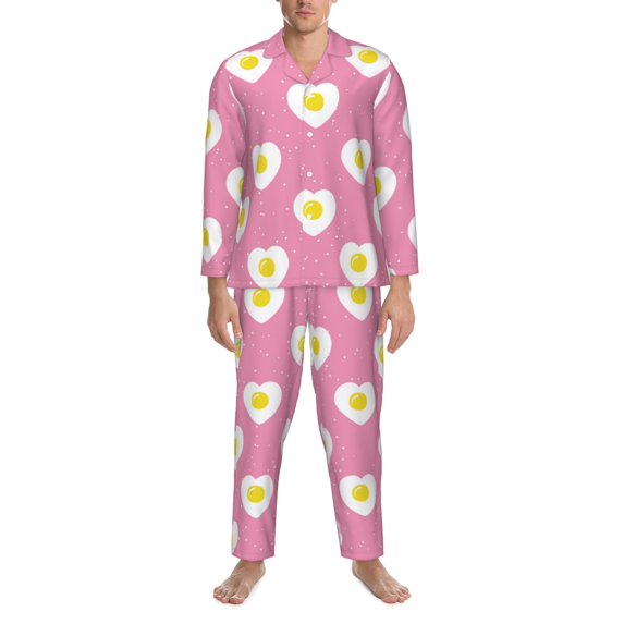 Mens Pajamas Set, Cute Fried Egg Love Button Down Long Sleeve Loungewear Sleepwear Pjs sets for Men