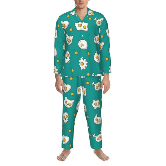 Mens Pajamas Set, Cute Fried Egg Skull Button Down Long Sleeve Loungewear Sleepwear Pjs sets for Men