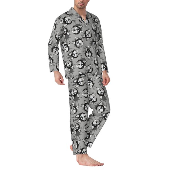Mens Pajamas Set - Cute Funny Husky Gray Comfy Long Sleeve Button Up Pajama Sets for Men 2 Piece, Soft Sleepwear Nightwear Pjs Lounge Sets for Men with Pockets