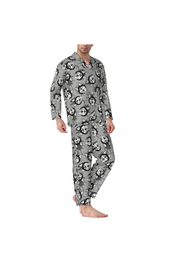 Mens Pajamas Set - Cute Funny Husky Gray Comfy Long Sleeve Button Up Pajama Sets for Men 2 Piece, Soft Sleepwear Nightwear Pjs Lounge Sets for Men with Pockets