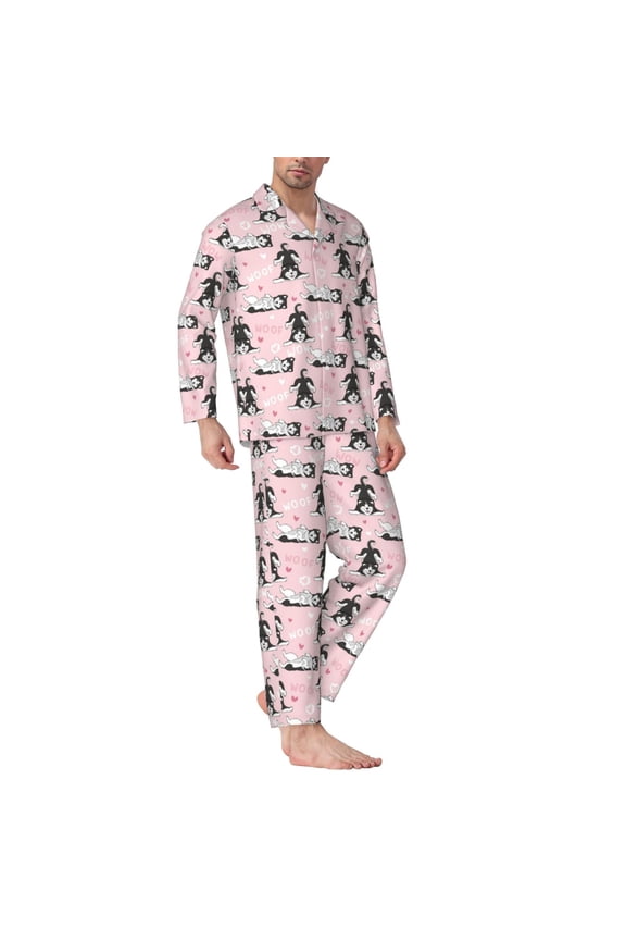 Mens Pajamas Set - Cute Funny Husky Woof Comfy Long Sleeve Button Up Pajama Sets for Men 2 Piece, Soft Sleepwear Nightwear Pjs Lounge Sets for Men with Pockets