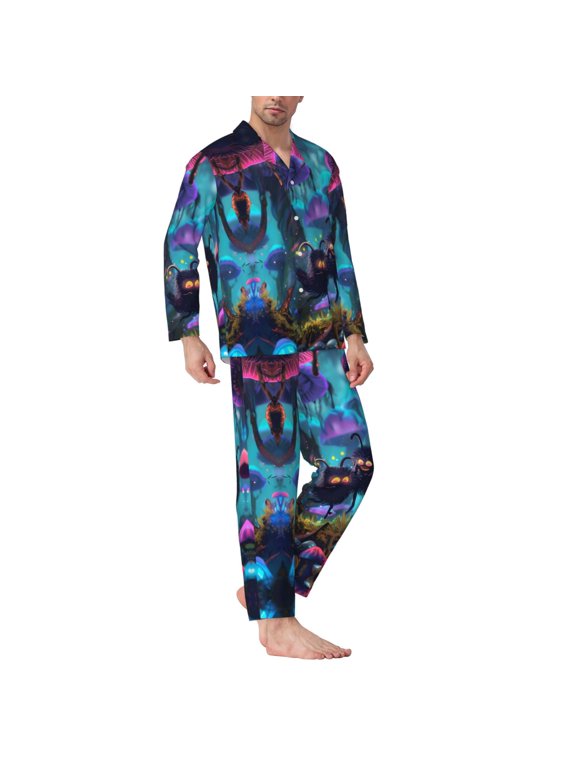 Mens Pajamas Set - Cute Fuzzy Fantasy Creatures Comfy Long Sleeve Button Up Pajama Sets for Men 2 Piece, Soft Sleepwear Nightwear Pjs Lounge Sets for Men with Pockets
