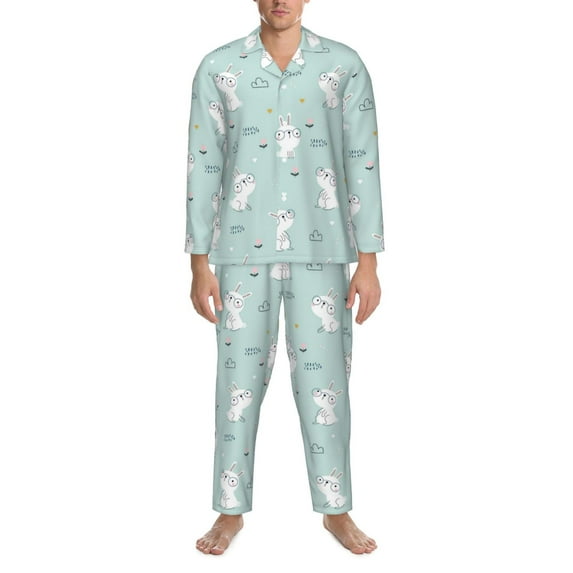 Mens Pajamas Set, Cute Glasses Rabbit Flower Button Down Long Sleeve Loungewear Sleepwear Pjs sets for Men