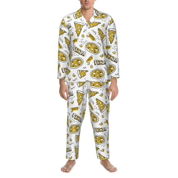 Mens Pajamas Set, Cute Gold Pizza Button Down Long Sleeve Loungewear Sleepwear Pjs sets for Men