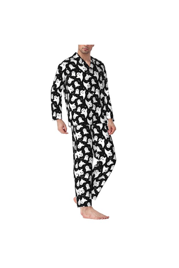 Mens Pajamas Set - Cute Halloween Ghost Fun Comfy Long Sleeve Button Up Pajama Sets for Men 2 Piece, Soft Sleepwear Nightwear Pjs Lounge Sets for Men with Pockets