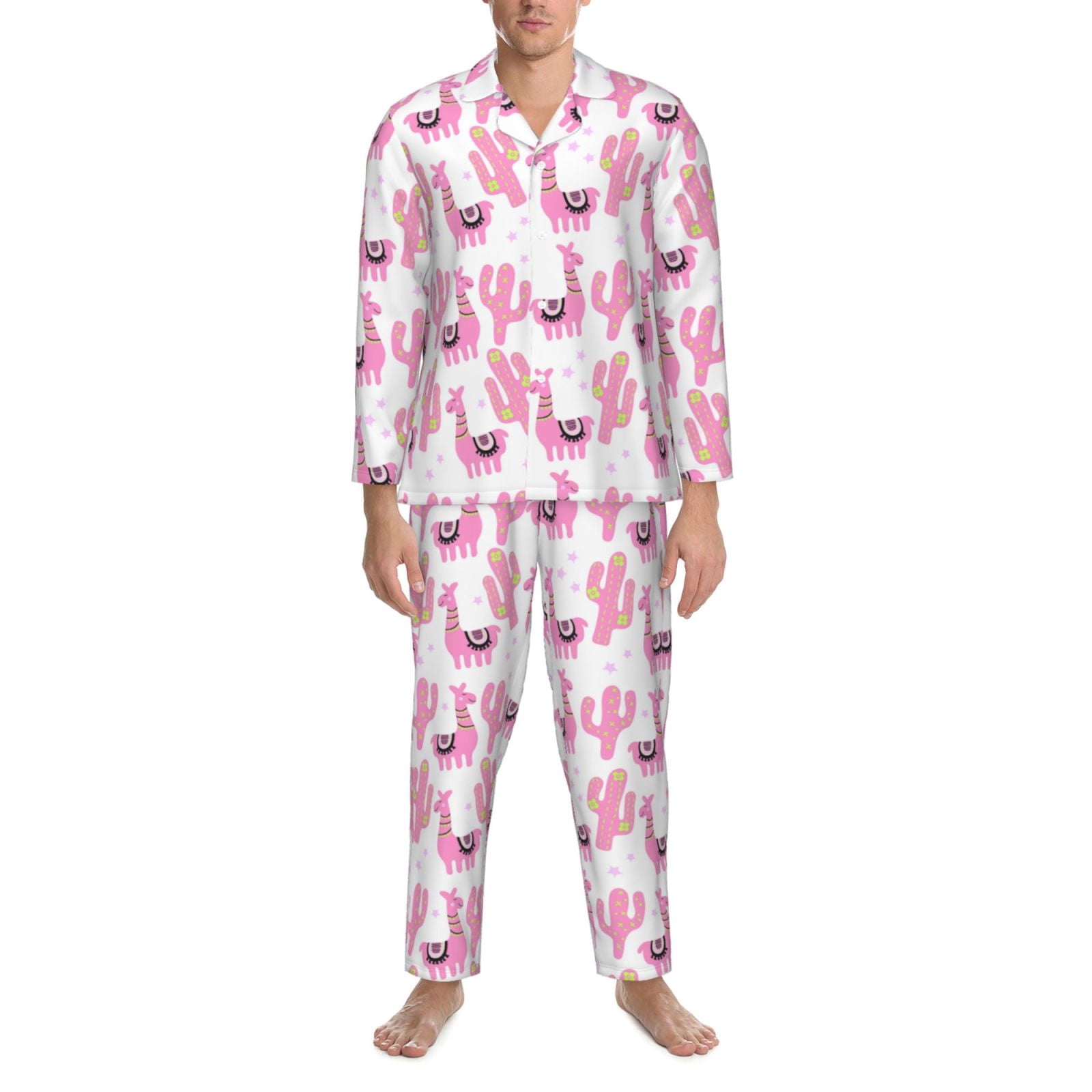 Mens Pajamas Set - Cute Pink Llama Alpaca Cactus Comfy Long Sleeve ...