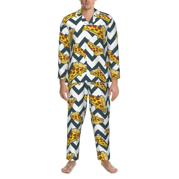 Mens Pajamas Set, Cute Pizza Wavy Lines Button Down Long Sleeve Loungewear Sleepwear Pjs sets for Men