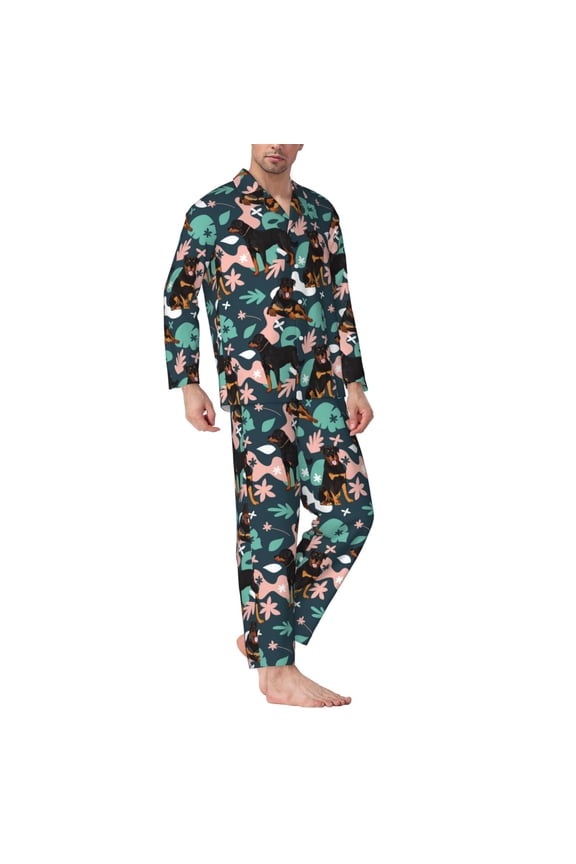Mens Pajamas Set - Cute Rottweiler Comfy Long Sleeve Button Up Pajama Sets for Men 2 Piece, Soft Sleepwear Nightwear Pjs Lounge Sets for Men with Pockets
