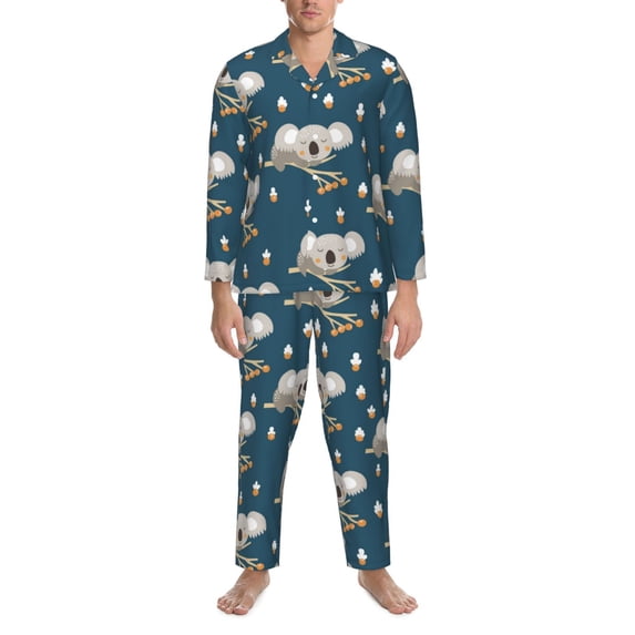 Mens Pajamas Set, Cute Sleeping Koala Button Down Long Sleeve Loungewear Sleepwear Pjs sets for Men