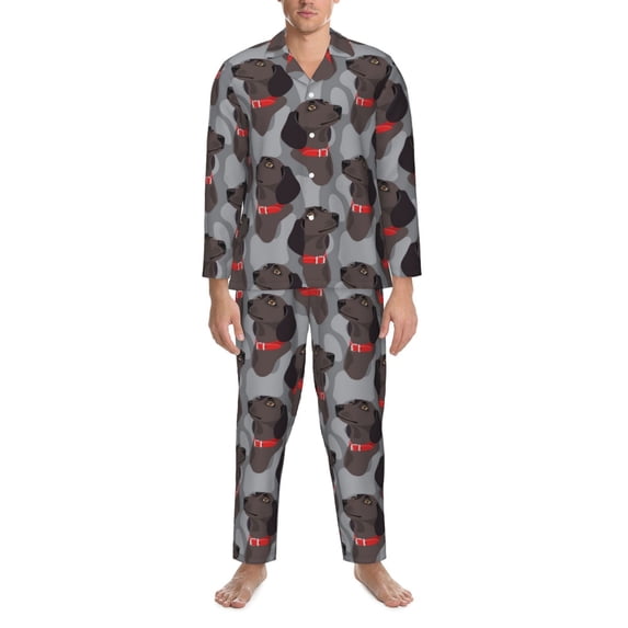 Mens Pajamas Set, Cute puppy black A Button Down Long Sleeve Loungewear Sleepwear Pjs sets for Men