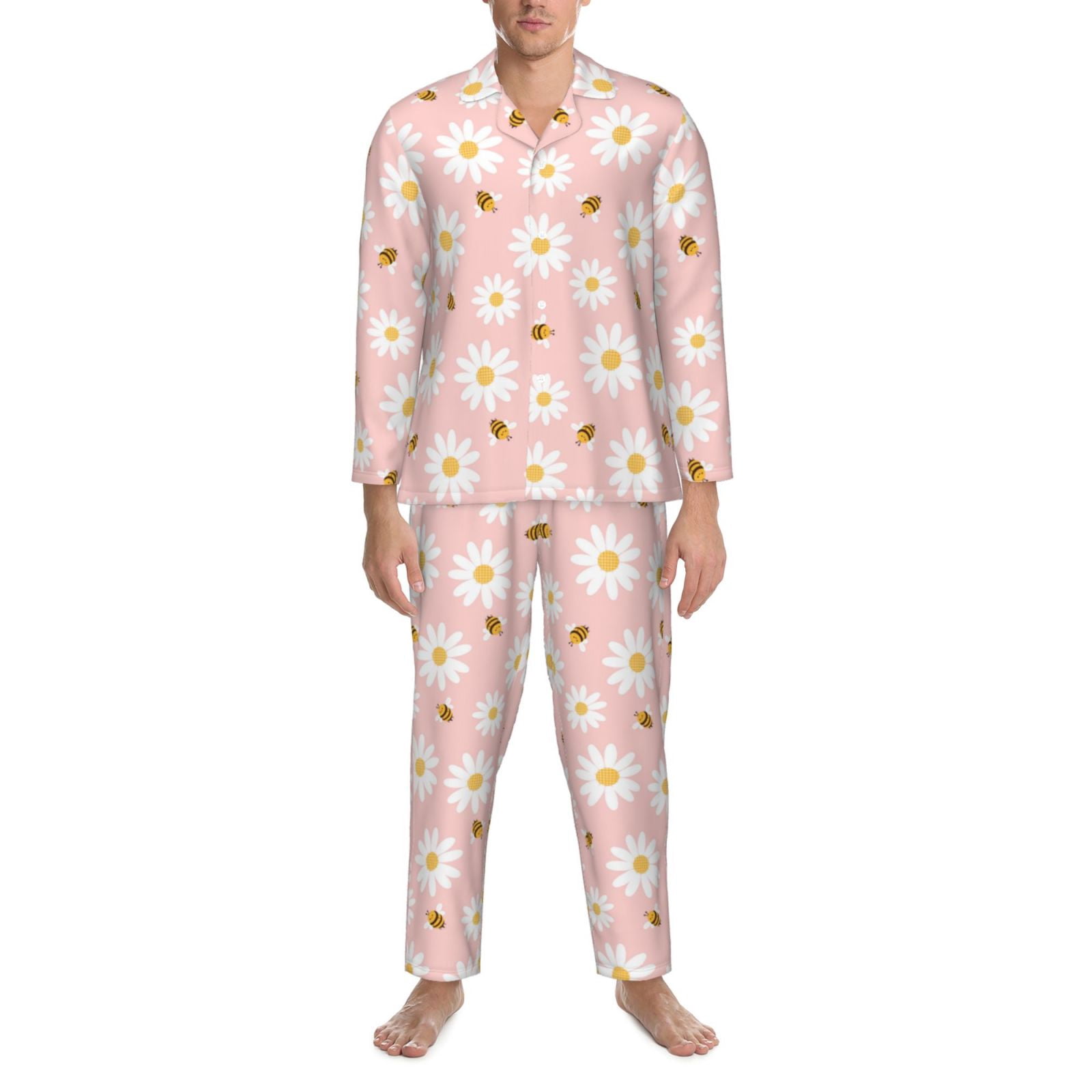 Mens Pajamas Set - Daisy Flower Bee Cartoons Pink Comfy Long Sleeve ...