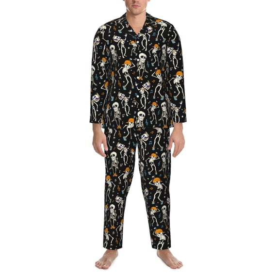 Mens Pajamas Set - Dancing Skeleton Party Comfy Long Sleeve Button Up Pajama Sets for Men 2 Piece, Soft Sleepwear Nightwear Pjs Lounge Sets for Men with Pockets