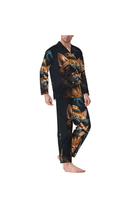 Mens Pajamas Set - Dapper Cat In Sunglasses Comfy Long Sleeve Button Up Pajama Sets for Men 2 Piece, Soft Sleepwear Nightwear Pjs Lounge Sets for Men with Pockets