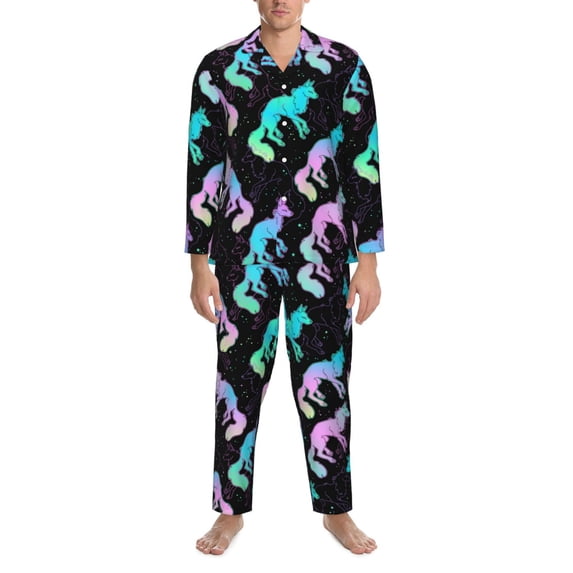 Mens Pajamas Set, Dazzling Color Fox Button Down Long Sleeve Loungewear Sleepwear Pjs sets for Men