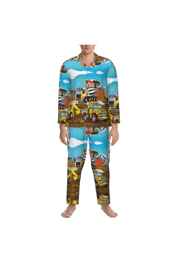 Mens Pajamas Set - Different Construction Site Vehicles Comfy Long Sleeve Button Up Pajama Sets for Men 2 Piece, Soft Sleepwear Nightwear Pjs Lounge Sets for Men with Pockets